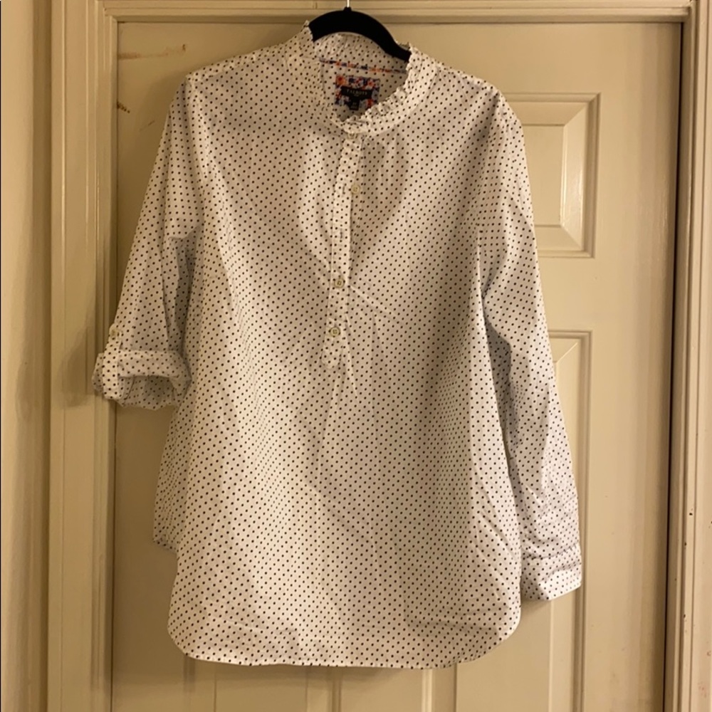 White & navy polkadot long sleeve top Talbots 2X